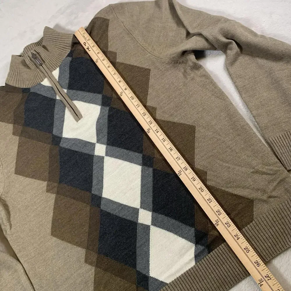 Oliver Burke Sweater Mens Large Brown Argyle 1/4 Zip 100% Acrylic Leather Zipper